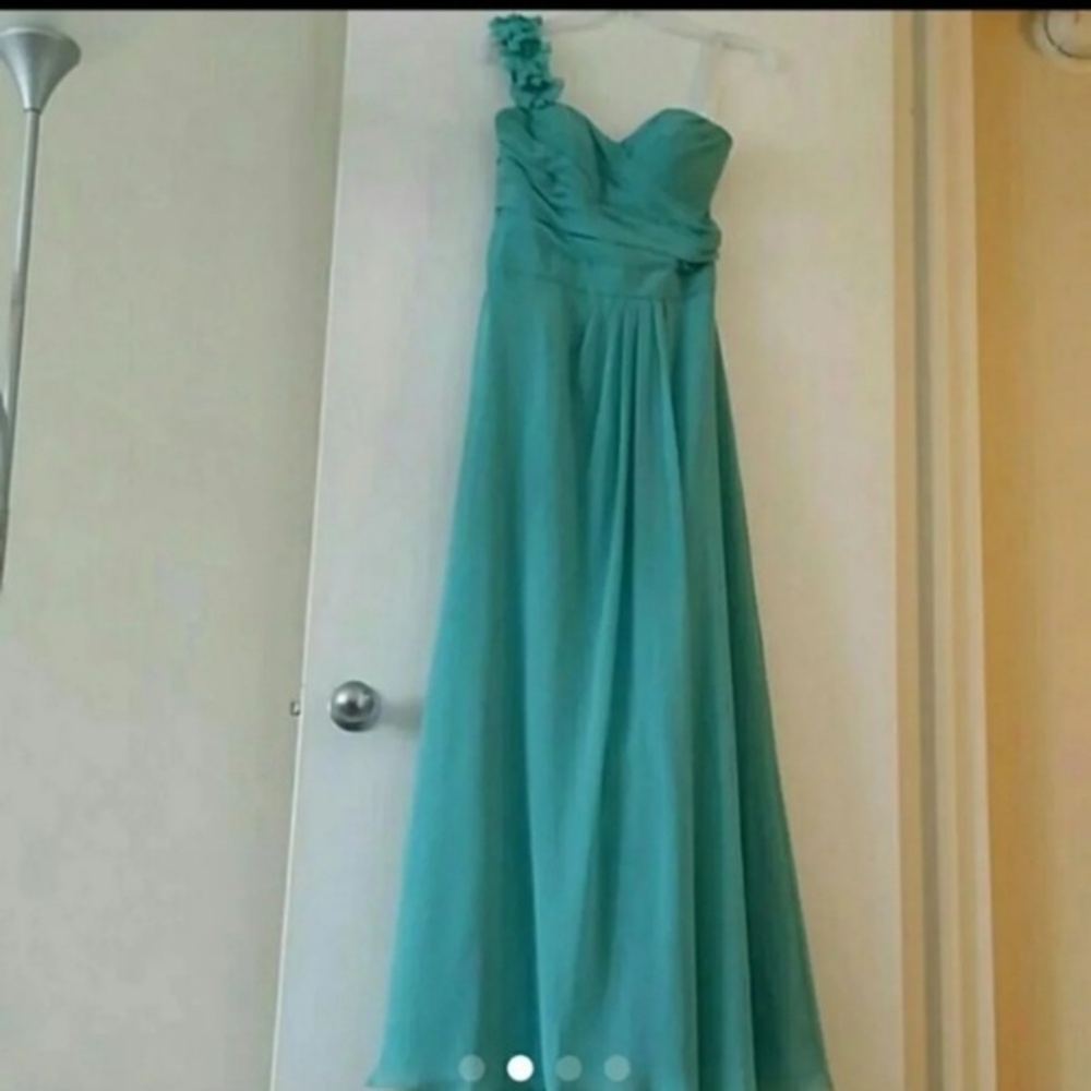 Bill Levkoff Teal Maxi Dress 6 Floral Ruffle Strap Sweetheart Neck Chic Feminine